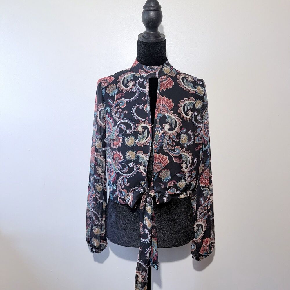 Hype Paisley Print Crop Blouse High Neck Semi Sheer Women’s Size S